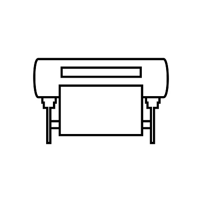 Vector illustration, pictogram or symbol of Large format inkjet plotter printing machine. Outline or line black simple icon of plotter machine isolated on a white background.